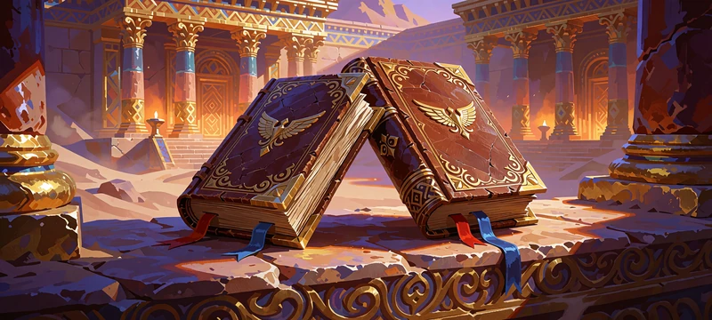 Dwie starożytne księgi ze złotymi okuciami w świątyni - miniatura slotu Book of the Fallen w V.Vegas