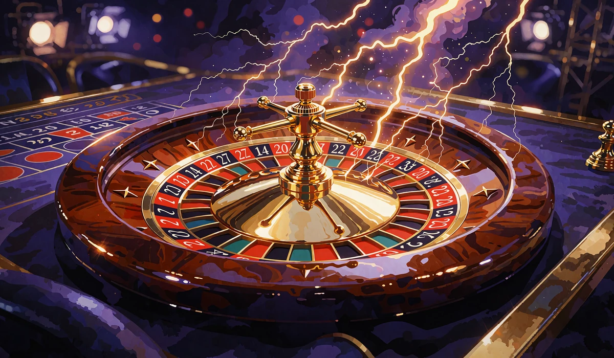 Złote koło ruletki rażone błyskawicami w granatowym studiu - st&oacute;ł Lightning Roulette w V.Vegas