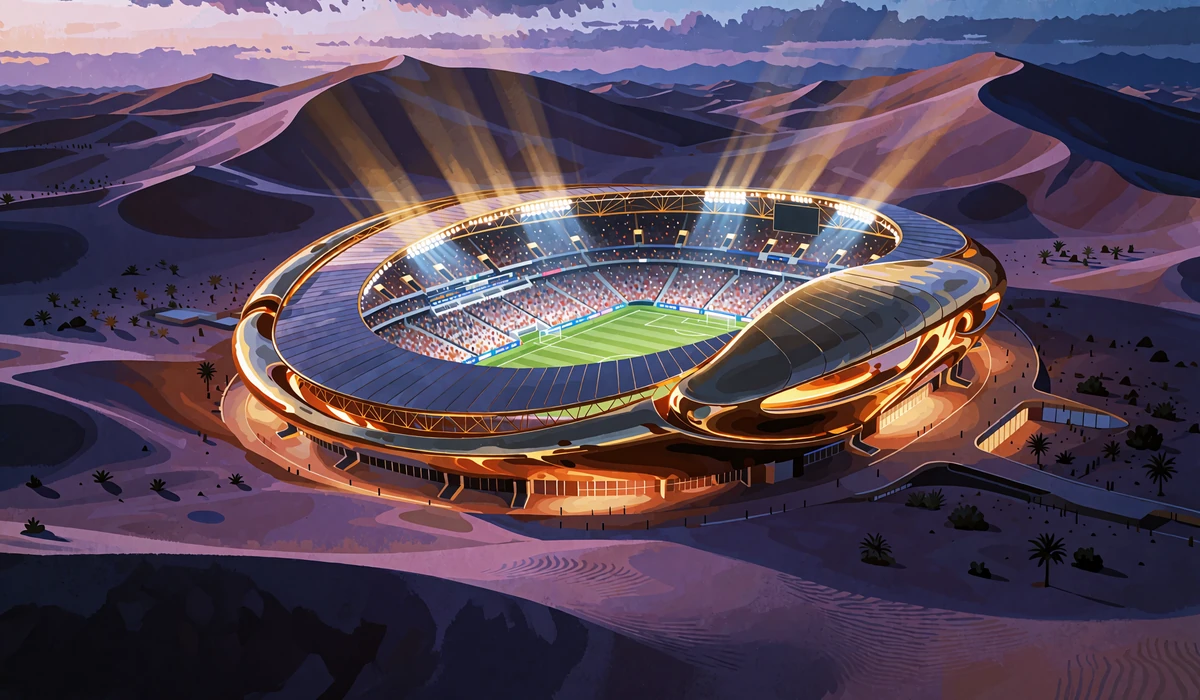 Stadion piłkarski ze złotym dachem wśr&oacute;d fioletowych wydm o zmierzchu - powitalny bonus sportowy V.Vegas