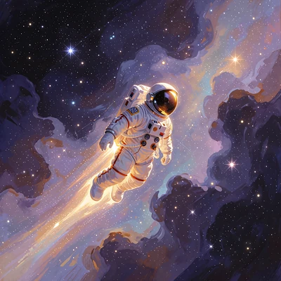 Astronauta w białym kombinezonie ze złotą szybą unosi się w fioletowym kosmosie - gra crash Spaceman